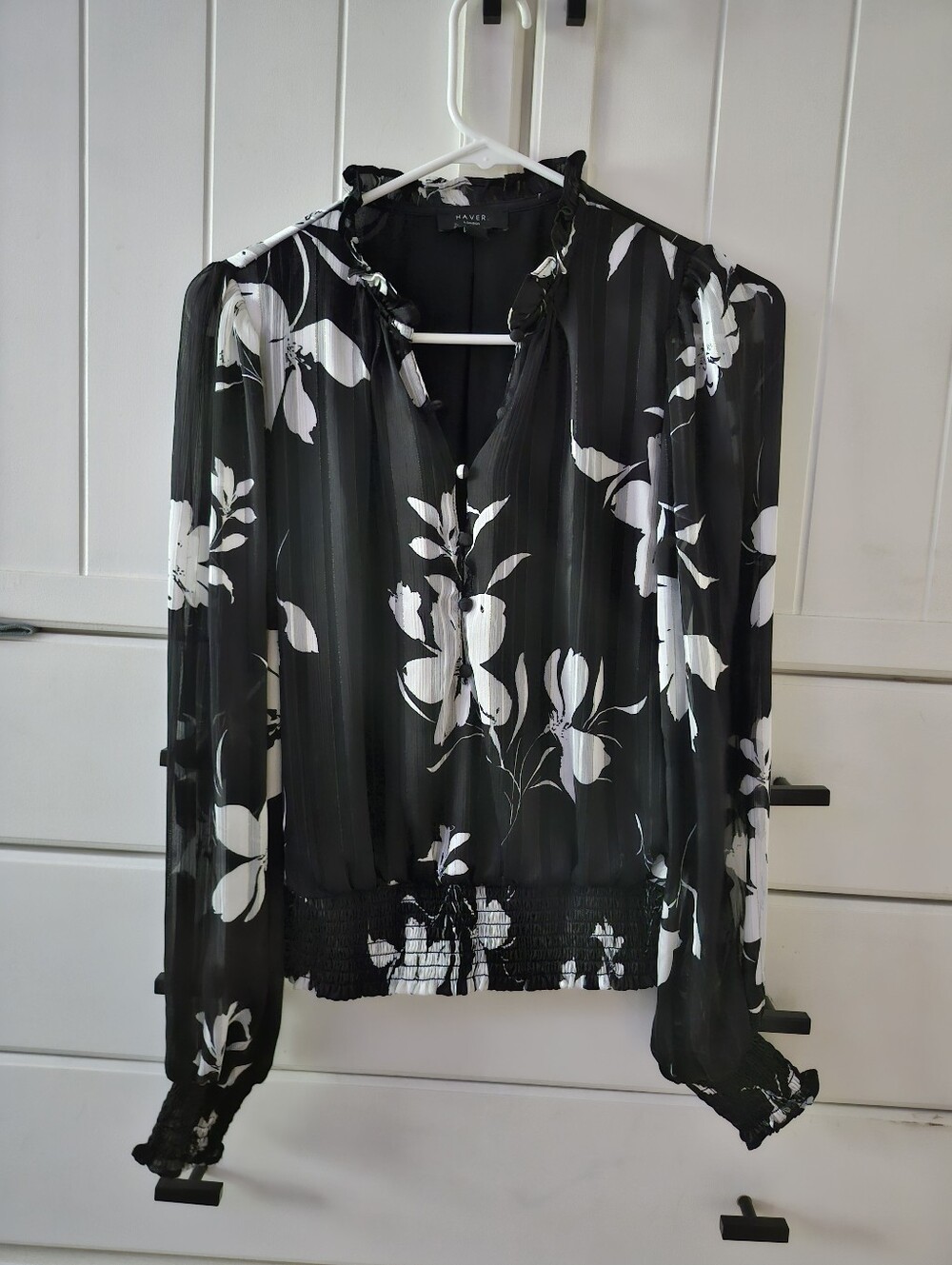 Haver London Black Floral Long-Sleeve Blouse Sz S